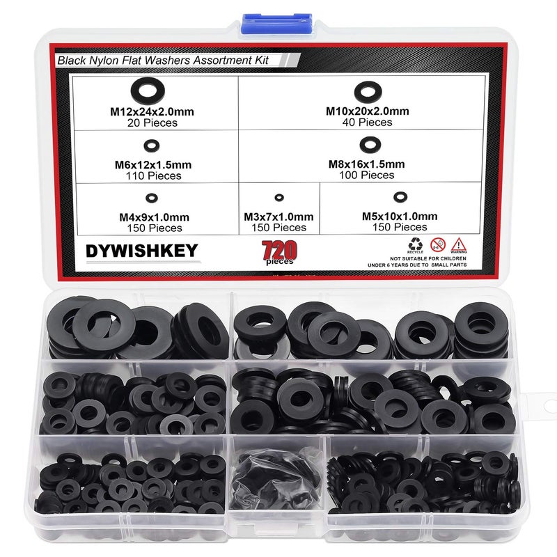 DYWISHKEY 720 Pieces 7 Sizes Black Nylon Flat Washers Assortment Kit (M3 M4 M5 M6 M8 M10 M12) - Image 1